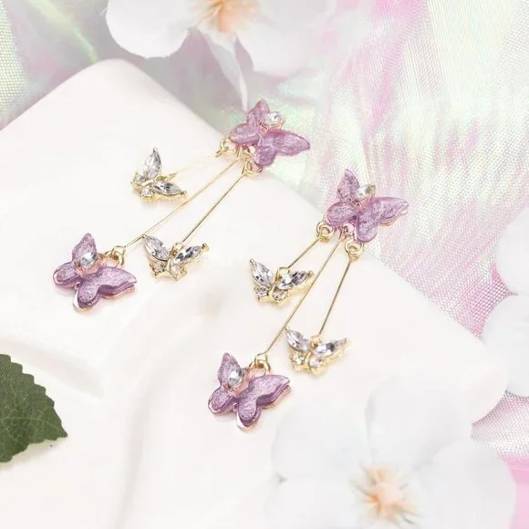 Elegant Purple Butterfly Tassel Earrings for Women - Spectacular Charm Jewelry - Picture 3 of 6